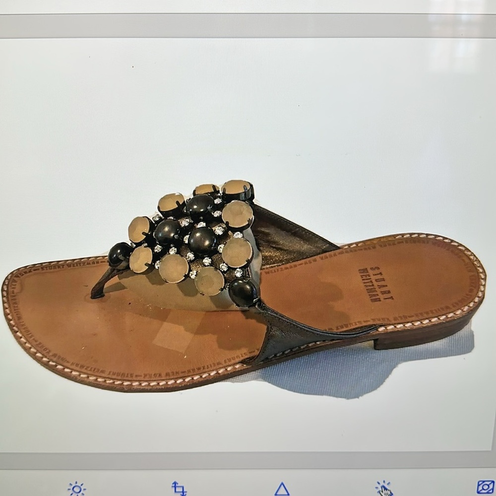 STUART WEITZMAN flat rhinestone jewels sandal brass leather thong slip on EUC